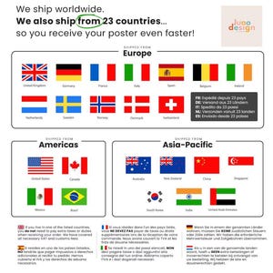 May include: Poster shipping information with flags from Europe, Americas, and Asia-Pacific. Text states "We ship worldwide" and "We also ship from 23 countries..." with additional text about taxes and duties.