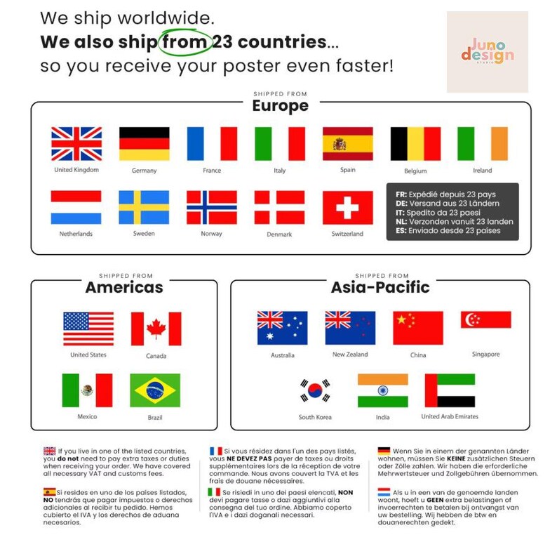May include: Poster shipping information with flags from Europe, Americas, and Asia-Pacific. Text states "We ship worldwide" and "We also ship from 23 countries..." with additional text about taxes and duties.