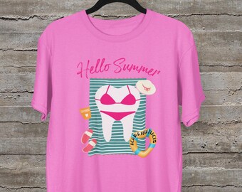 Hello Summer Dental Shirt | Beach Tooth Graphic Tee for Dental Team