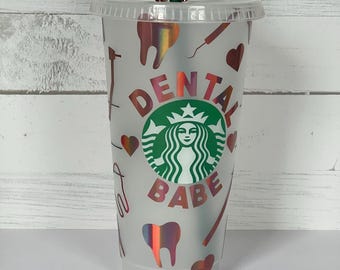 Dental Babe Rose Gold Cup With Straw Topper, Dental Gift, Dental Cold Cup, Dentist Mug, Dentist Coffee Mug, Dentist Cup, Dental Mug,