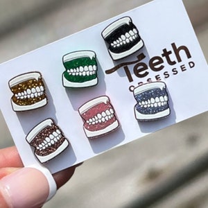Glitter Denture Earrings, Molar Earrings, Dental Earrings, Tooth Earrings, Glass Tooth Earrings, Glitter Tooth Earring, Teeth Earrings