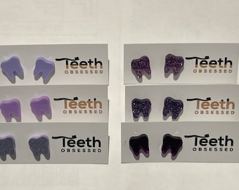 Purple Tooth Earrings, Purple Teeth Earrings, Dental Earrings, Tooth Sticker. Dental Hygiene Gift