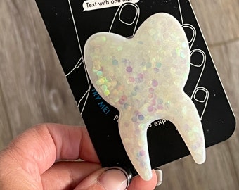 White Glitter Tooth Phone Grip, Dental Grip, Tooth Phone Holder, Dental Phone Grip, Toothy Phone, Dental Hygiene Gift