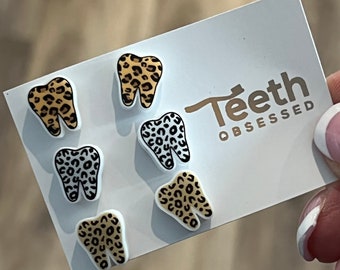 Tooth Stud Earrings, Leopard Print, Cheetah Tooth, Dental Hygiene, Dental Assistant, Dentist Gift, Dental Appreciation, Teeth Earrings