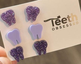 Purple Tooth Dental Earrings, Teeth Earrings, Tooth Studs, RDH, Hygienist, Dental Hygiene Gift, Dental Assistant, Dental Graduation