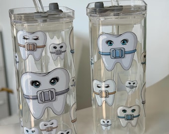 Ortho Tooth Glass Cup with Braces Straw Topper | Dental Assistant Gift