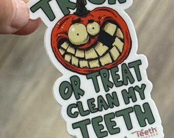 Pegatina espeluznante de Halloween con temática dental, Truco o trato para los obsesionados con los dientes (Descarga digital)