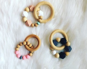 Shower beads Baby crib arm mobile Jewelry Macrame Pendant connector Teething Circle napkin 3 inches Beeswax Maple Hardwood Rings