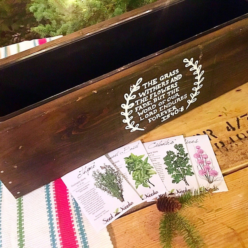 Wood herb box kit with asortmeng of herb seed packets and box liner and custom hand painted monograming