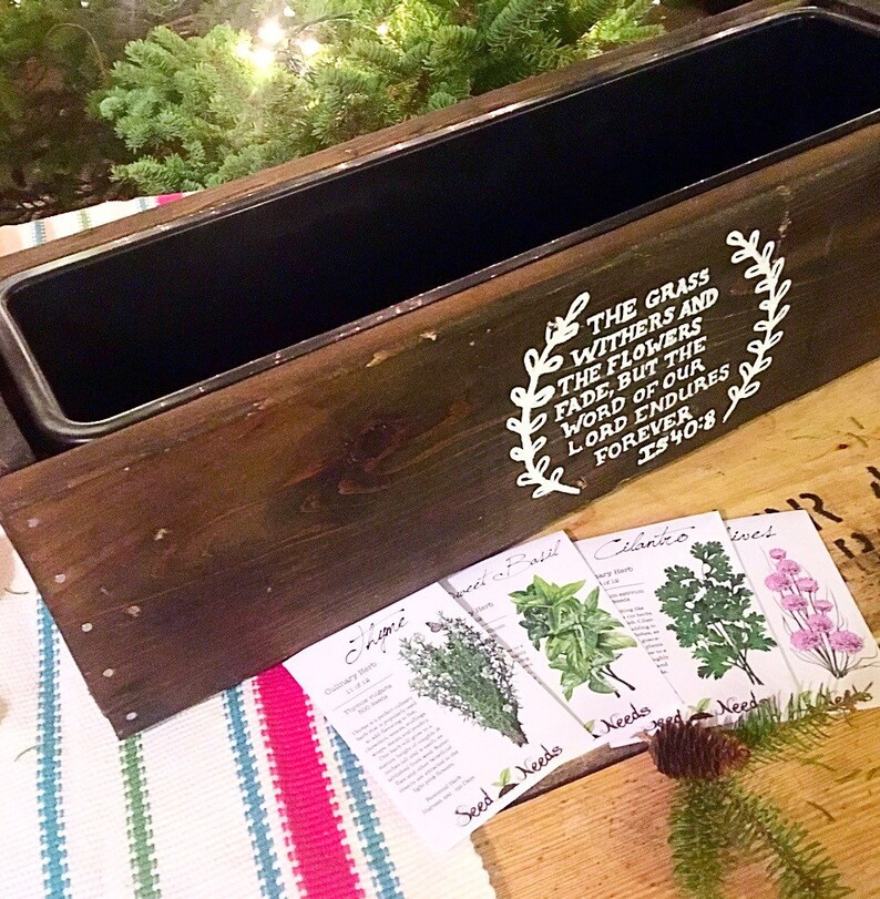 Wood herb box kit with asortmeng of herb seed packets and box liner and custom hand painted monograming