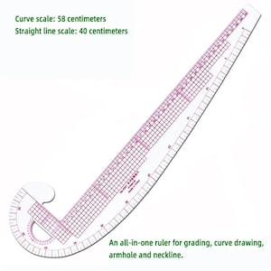May include: A clear plastic sewing ruler featuring a curved edge and a straight edge with printed red grid markings and black measurement numbers. The tool includes a curve scale of 58 centimeters and a straight line scale of 40 centimeters.