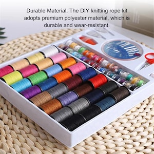 May include: A sewing kit in a white plastic tray containing multiple spools of thread in various colors, a circular needle case, and small scissors. The text reads: Durable Material: The DIY knitting rope kit adopts premium polyester material.