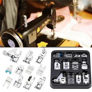 May include: A set of silver-toned metal sewing machine presser feet, including various specialized attachments for different stitching tasks, displayed both individually and organized within a black plastic storage tray with molded compartments.