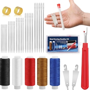 May include: A comprehensive sewing kit featuring various needles, spools of thread in black, white, red, brown, and blue, thimbles, seam rippers, and a needle threader. The kit includes a variety of steel sewing needles for different projects.