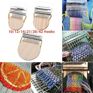 May include: A collection of wooden and metal weaving looms with various hook counts. The looms have a clear plastic top and a wooden base. The text "10/12/14/21/28/42 Hooks" is displayed. Several close-up images show the looms in use with colorful yarn.