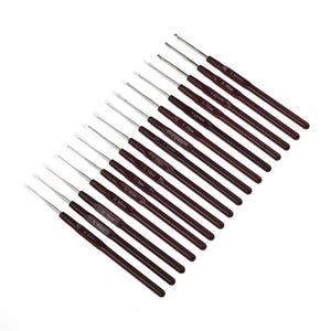 May include: A set of sixteen steel crochet hooks with dark brown handles, arranged diagonally. Each hook features a silver metal tip and a handle clearly marked with its specific size, ranging from 0.5mm to 2.50mm, for precise needlework tasks.