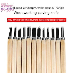 May include: A set of woodworking carving knives with various blade shapes, including flat, sharp, and arc. The knives have wooden handles and black blades. Text on the image reads "Woodworking carving knife" and "Alloy bit/solid wood handle/sharp blade/complete specifications."