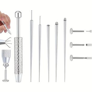May include: A set of silver-toned metal body piercing tools including a diamond-tipped prong claw holder, several tapered insertion pins of varying lengths, and flat-back labret studs with threaded ends for secure assembly and jewelry placement.
