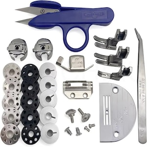 May include: A sewing machine accessory kit including a blue thread cutter, two metal bobbin cases, three presser feet, a feed dog, a needle plate with 1/4, 1/2, and 3/4 inch markings, stainless steel tweezers, five silver bobbins, five black bobbins, and five screws.