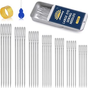 May include: A sewing kit with various needles, a gold thimble, and a blue needle threader. The kit includes a metal tin with the text "LARGE EYE SEWING NEEDLEG" and a size indicator. The needles are of different lengths and thicknesses.