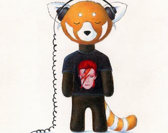 Walter the Red Panda, Listening to David Bowie, Aladdin Sane 8 x 10 Print by SBMathieu