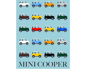Puede incluir: Un patrón colorido de coches Mini Cooper en varios colores, incluyendo verde, rojo, amarillo, azul, blanco, negro y marrón. Los coches están dispuestos en filas de seis, con cada fila presentando una combinación de colores diferente. El texto "MINI COOPER" se muestra en la parte inferior de la imagen.