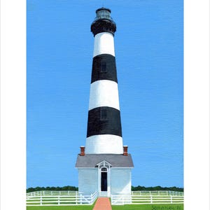 May include: A painting of a tall lighthouse with horizontal black and white stripes against a clear blue sky. The structure features a white base building with a small entrance, surrounded by a white picket fence on a green lawn with a path.