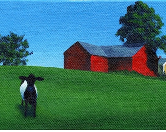 Belted Galloway near a Red Barn - 4 x 6 Print of Original Painting by SBMathieu