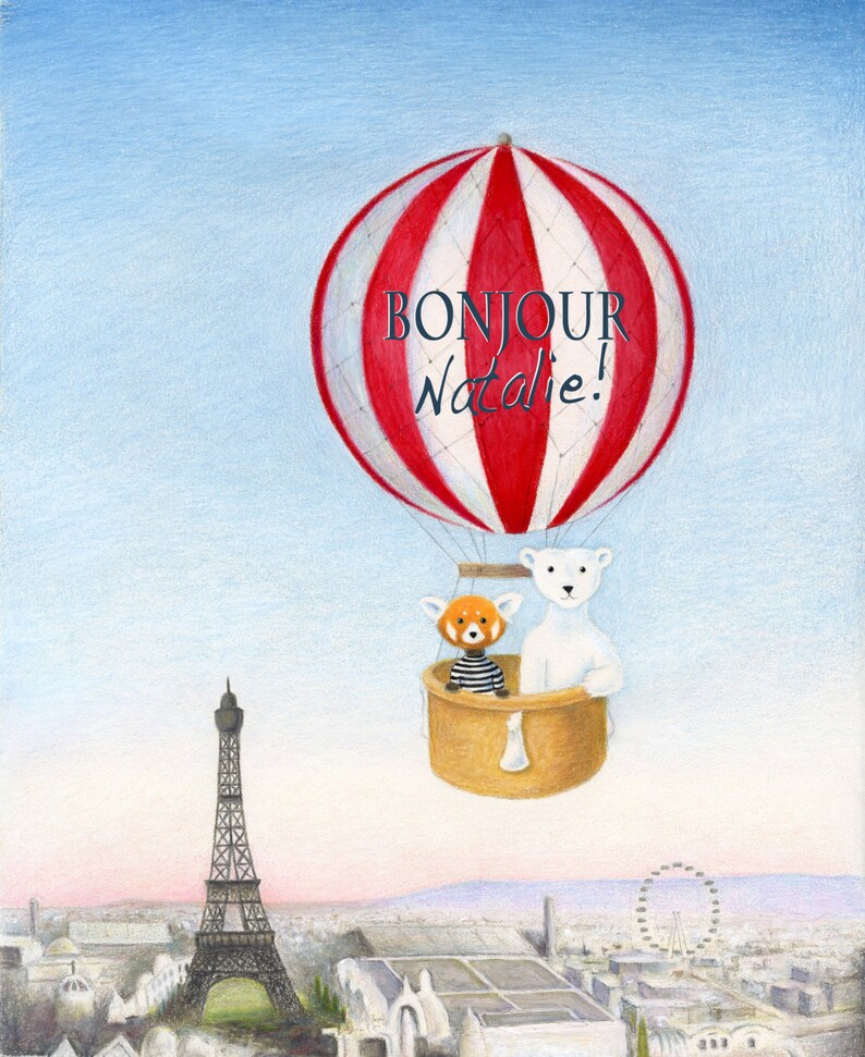 Walter the Red Panda and Jack the Polar Bear's Personalized Hot Air Balloon Ride Over Paris 8 x 10 inch Print by SBMathieu image 3