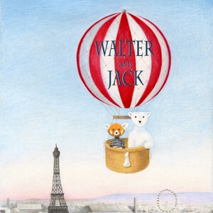 Walter the Red Panda and Jack the Polar Bear's Personalized Hot Air Balloon Ride Over Paris 8 x 10 inch Print by SBMathieu image 1