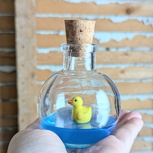 May include: A clear, round glass bottle with a cork stopper containing a small yellow rubber duck floating in a pool of bright blue liquid. The bottle has a short, narrow neck and a wide, spherical base, creating a miniature aquatic scene.
