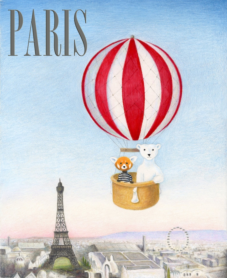 Walter the Red Panda and Jack the Polar Bear's Personalized Hot Air Balloon Ride Over Paris 8 x 10 inch Print by SBMathieu image 4