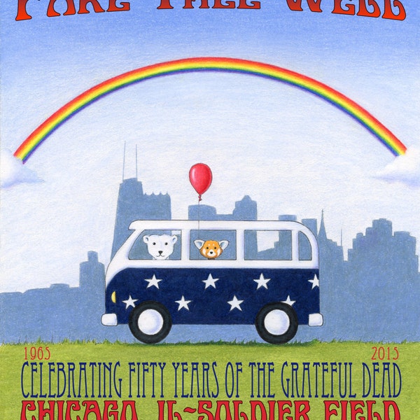 Walter the Red Panda and Jack the Polar Bear VW Bus Fare Thee Well 50th Anniversary Print by SBMathieu