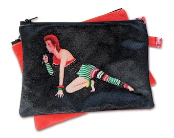 David Bowie Tribute Fan Art Velvet Zippered Clutch Bag by SBMathieu