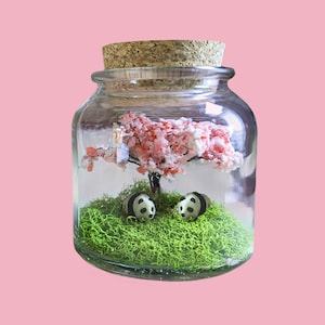 May include: A glass jar terrarium containing a miniature pink cherry blossom tree and two black and white panda figurines on a bed of green moss.