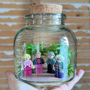 May include: A clear glass jar with a cork stopper, containing four Lego figures and greenery. The figures are dressed in various outfits, with pink, black, and blue clothing. The jar is held in a hand.