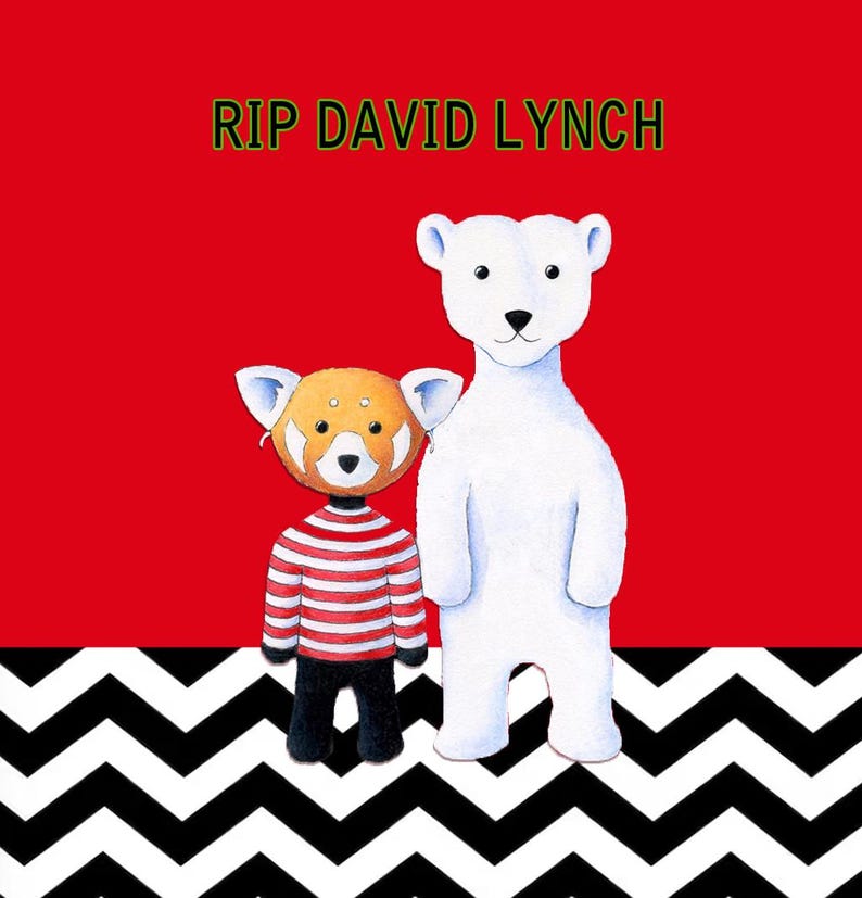 May include: A red panda and a polar bear stand on a black and white chevron pattern. The text "RIP DAVID LYNCH" is written in yellow letters on a red background.