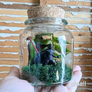 May include: A clear glass jar with a cork lid containing a miniature black Darth Vader figurine holding a red lightsaber, positioned on a bed of green moss with a piece of dark wood and green fern-like foliage inside the enclosed container.
