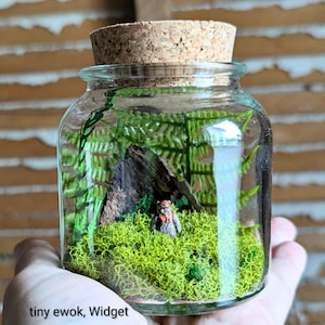 May include: A clear glass jar with a cork stopper containing a miniature diorama. Inside, a small brown Ewok figurine stands on a bed of bright green moss, positioned in front of a dark textured rock and green plastic fern fronds.