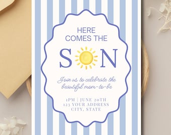 Here Comes The Son Baby Shower Invitation Template, Editable Invite
