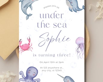 Third Birthday Invitation, Under The Sea Party Invite, Editable Template
