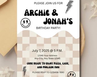 Retro Smiley Checkered Birthday Party Invitation