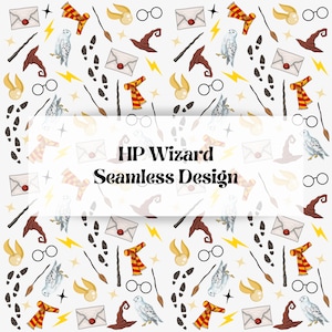 May include: Seamless pattern featuring wizard-themed elements. Includes illustrations of a brown wizard hat, a red and gold scarf, a white owl, glasses, a wand, a golden snitch, and a letter with a red wax seal. The text "HP Wizard Seamless Design" is also present.