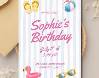 Pool Party Girls Birthday Invitation Template, Editable Invite, Summer Party