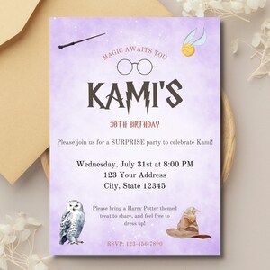 May include: A lavender Harry Potter-themed birthday invitation with the text "MAGIC AWAITS YOU" and "KAMI'S 30TH BIRTHDAY". Includes a wand, glasses, a golden snitch, an owl, and the sorting hat.