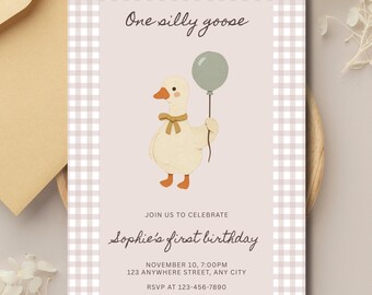 One Silly Goose Birthday Invitation, Editable Invite, First Birthday