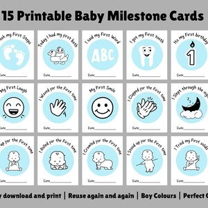 15 afdrukbare babymijlpaalkaarten | Blauw | Eenvoudig te downloaden pdf om af te drukken | Herbruikbaar