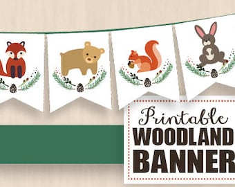 WOODLAND Party Banner with Fox, Deer, Bear, Squirrel, and Rabbit - Instant Printable PDF Download