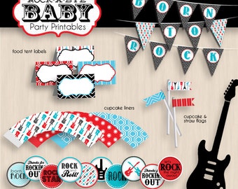 ROCK-A-BYE BABY Shower Printable Package in Red, Turquoise Blue, and Black- Instant Download