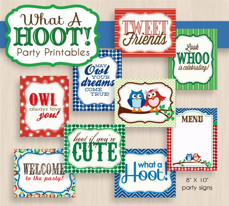 OWL Birthday Party Printable Package in Blue and Red Instant Download image 3